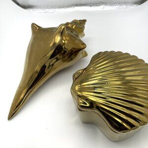 NEW Set of Two Gold Decorative Seashell and Shell Box